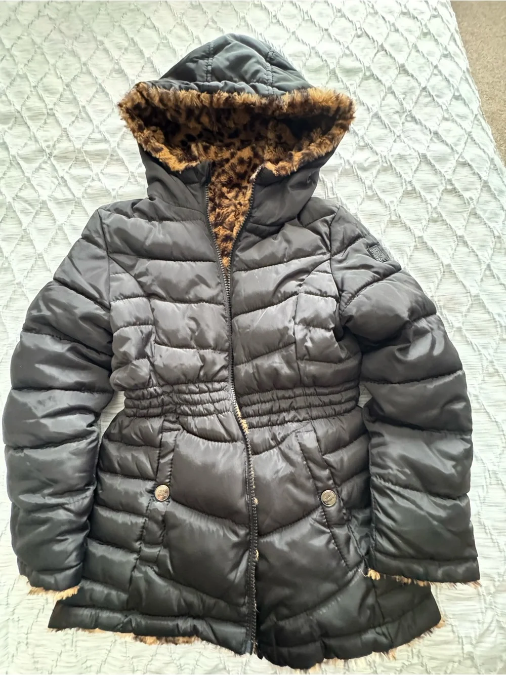 Steve Madden Reversible Girls Black and Leopard Print Coat